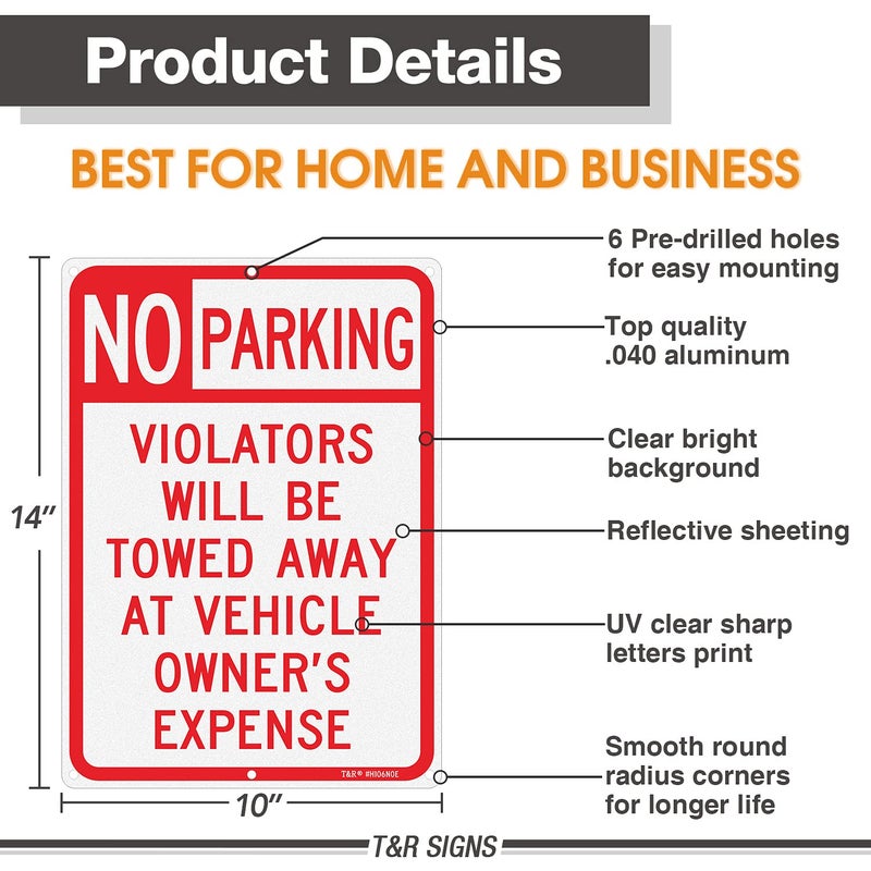 TR No Parking Sign, Violators Will Be Towed Away at Vehicle Owner's Expense Sign, 10 x 14 Inches, Rust Free Aluminum, Reflective, UV Printed, Weather/Fade Resistant, Easy Mounting, Indoor/Outdoor Use - Image 2